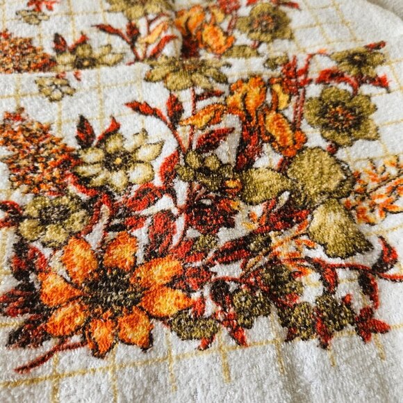 Vintage 70s Pair Set 2 White Brown Floral Flower Kitchen Hand Towel 24"x16" - Picture 2 of 6